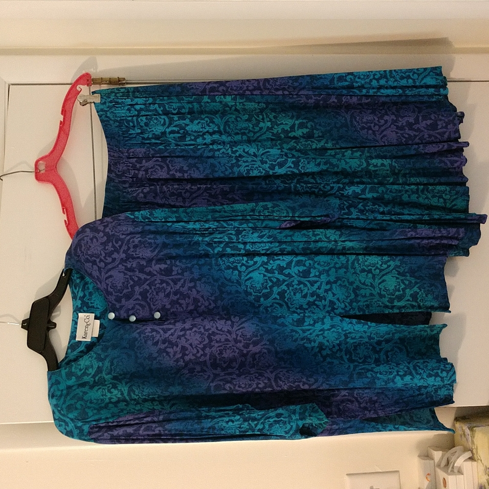 Vintage Karen & Co. Teal Blue Purple Floral Tunic and Skirt Set